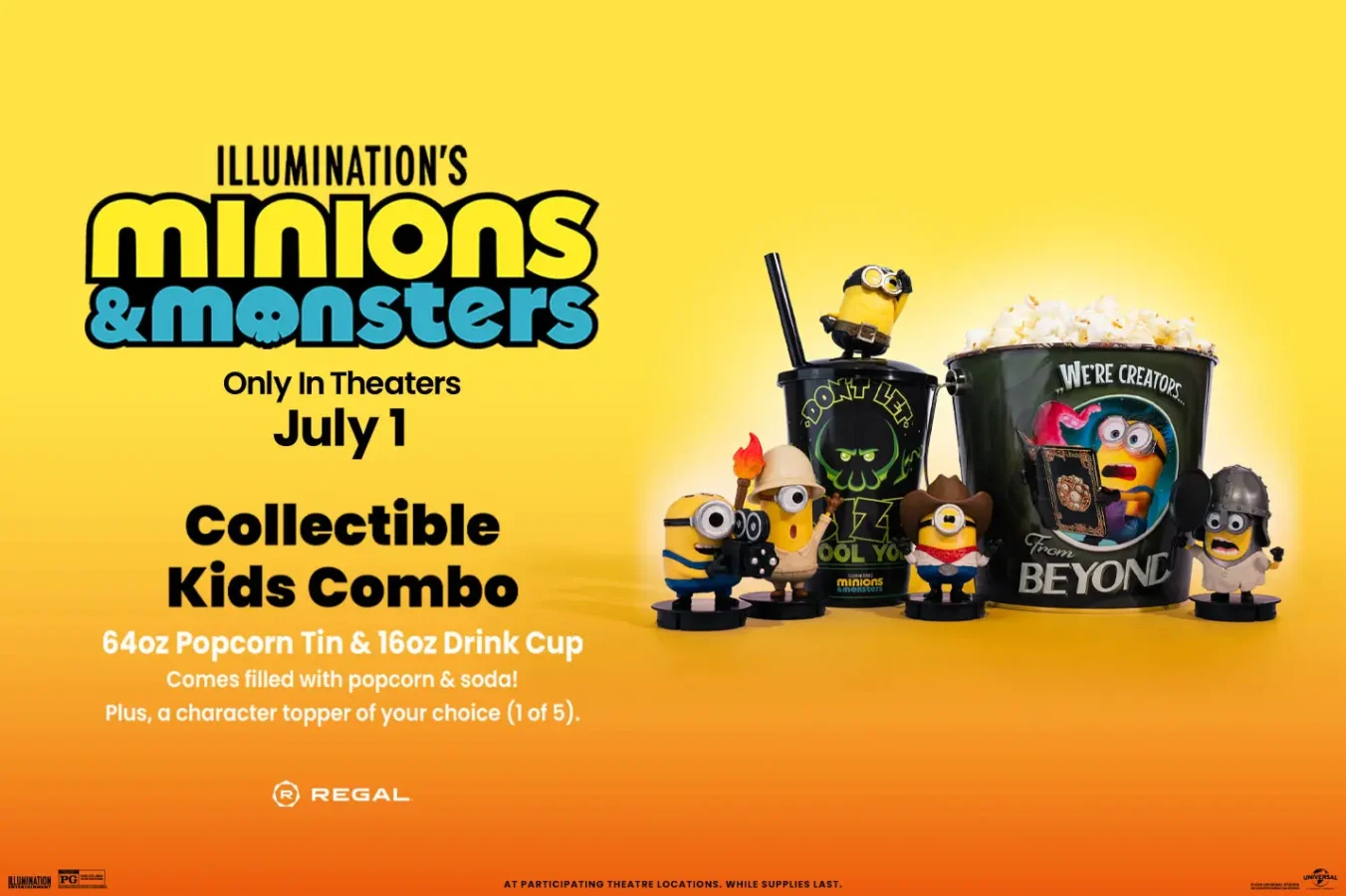 Promotional poster for Illuminations Minions  Monsters advertising a Collectible Kids Combo with a popcorn tin and drink cup