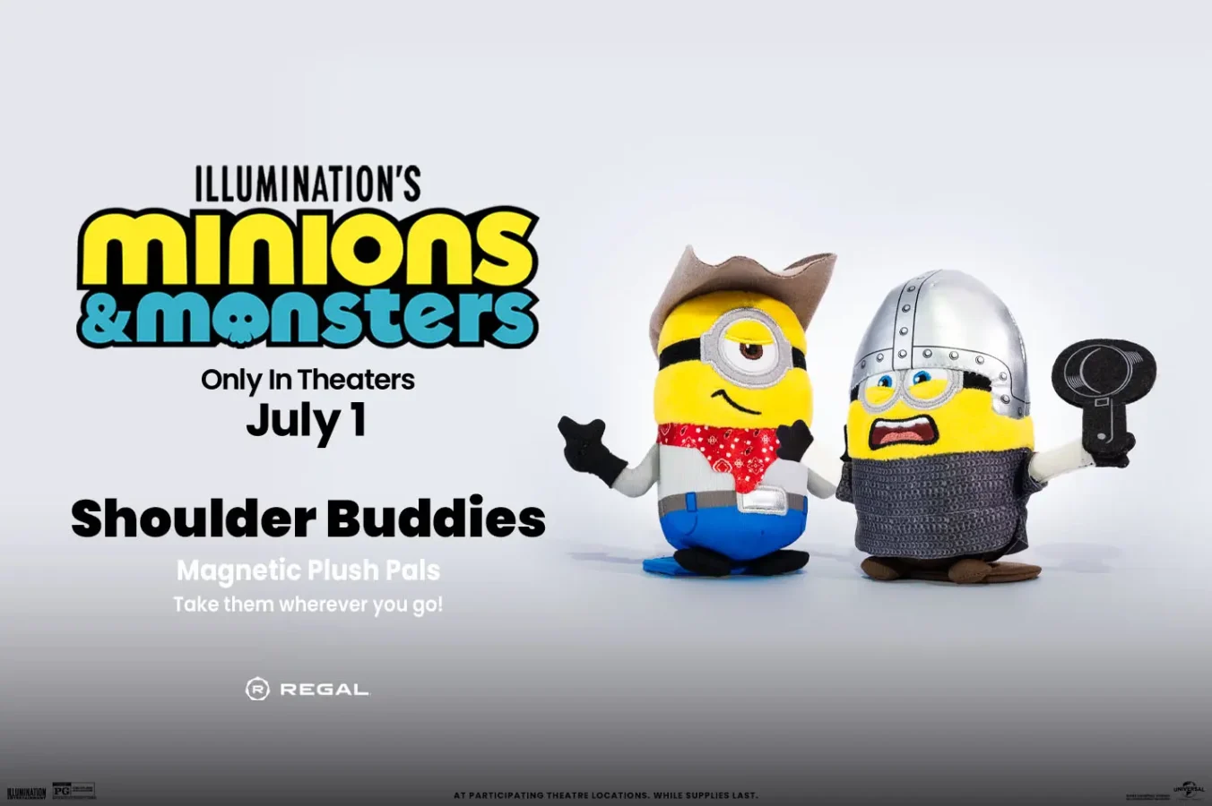 Promotional poster for Illuminations Minions  Monsters with two armored Minions and the caption Shoulder Buddies and release date July 1