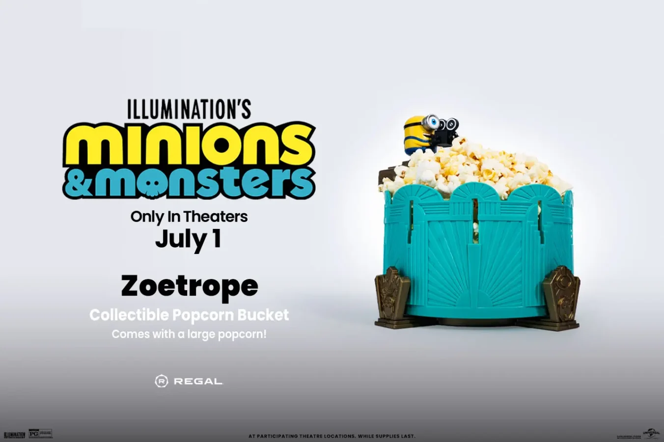 Promotional poster for Illumination's Minions & Monsters with a turquoise popcorn bucket and July 1 release date.