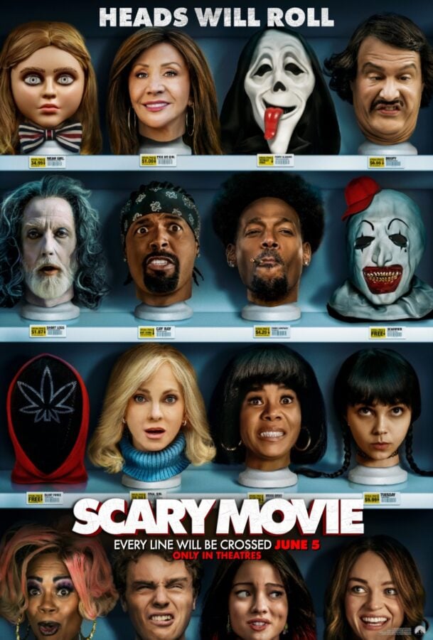 scarymovie6 Fantasy Land News Movie poster for Scary Movie a shelf of creepy mannequin heads and horror icons with the slogan Heads Will Roll at the top