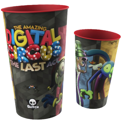 tadccupv2 Fantasy Land News Two plastic cups with bold colorful The Amazing Digital Circus artwork and quirky characters a large foreground cup and a smaller matching cup with red rims
