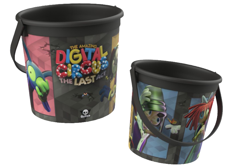 tadcpopcorn Fantasy Land News Two black lidded plastic buckets with colorful artwork from The Amazing Digital Circus The Last Act