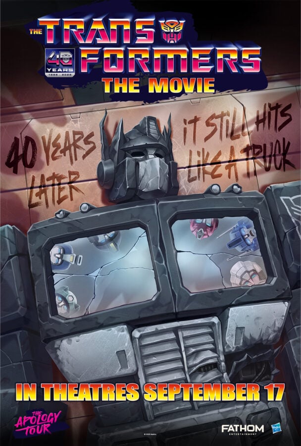 tf86movie26exhposter1000x148001 Fantasy Land News Transformers The Movie poster with a battle damaged truck front cracked windows and graffiti reading 40 years later it still hits like a truck release date shown at bottom