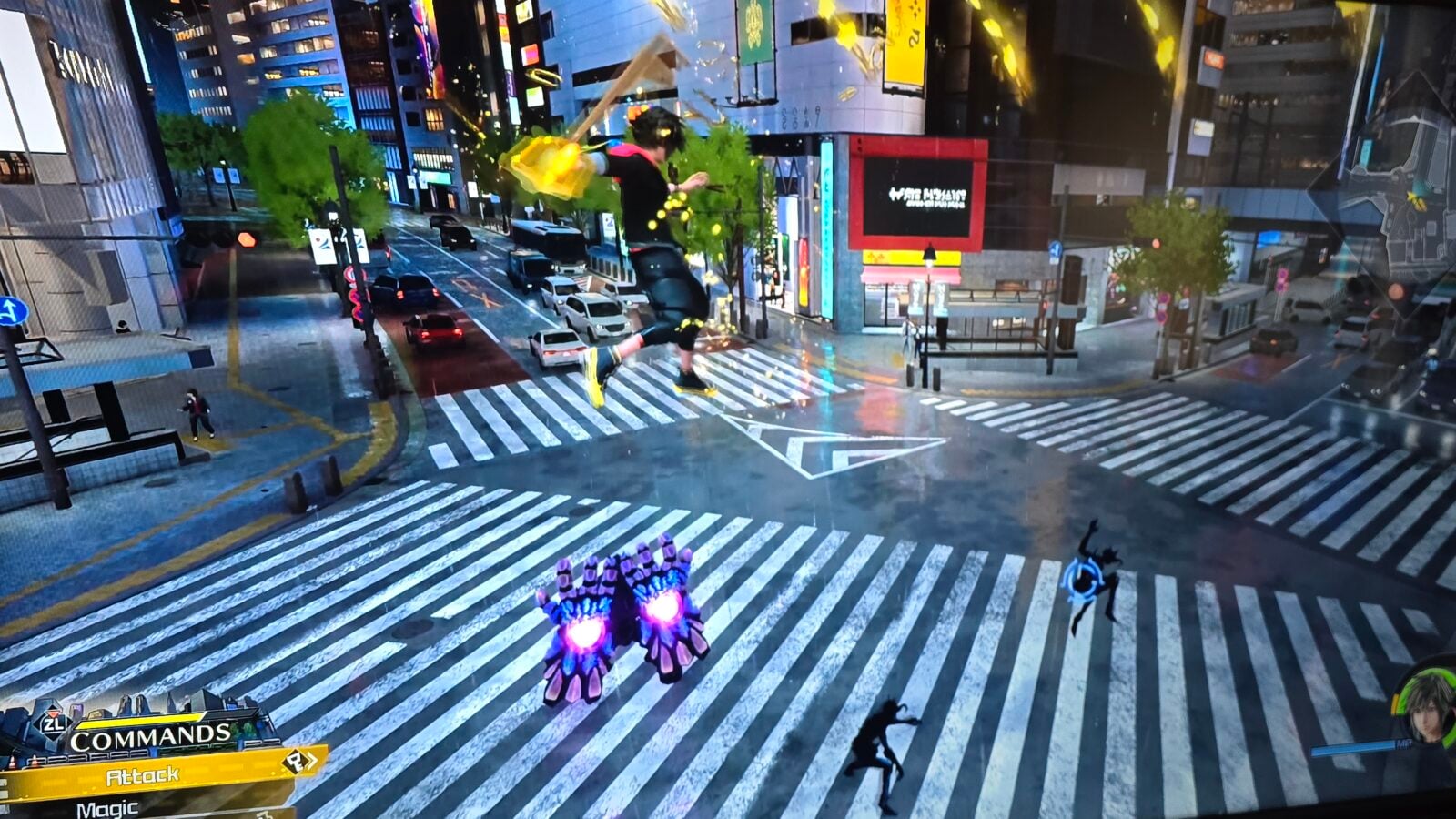 In a neon city street a character leaps over a wide crosswalk with glowing purple energy blasts in the foreground on screen commands say Attack and Magic