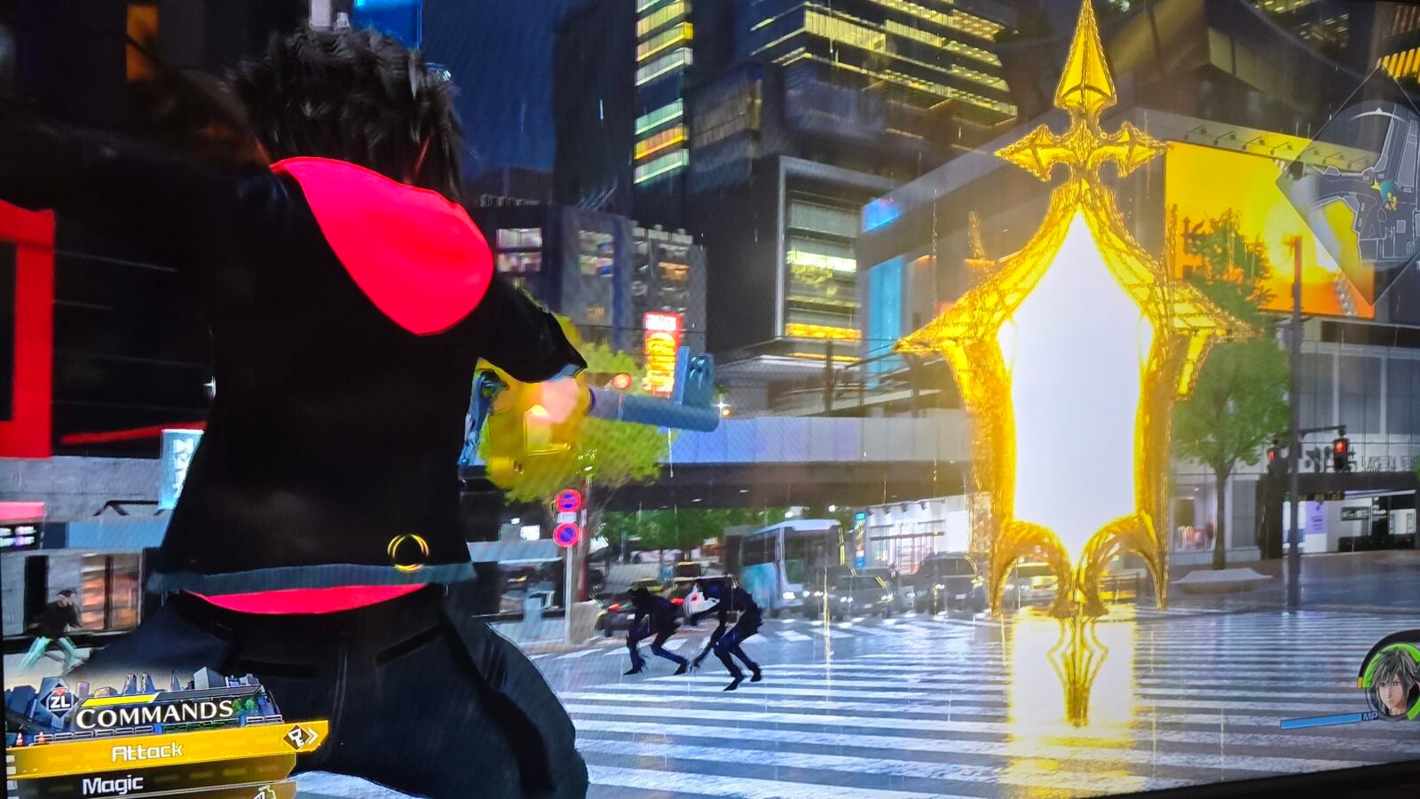 Hero in a black outfit with a bright red cape stands in a neon city street with a large glowing yellow monument to the right and a game HUD showing Commands and Attack nearby