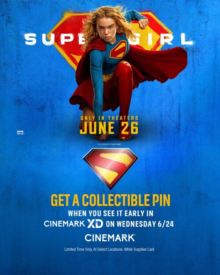 71228740514285978059708933166682407207618723n Fantasy Land News Supergirl poster female superhero in blue suit and red cape leaping against a blue wall with bold SUPERGIRL and JUNE 26 text and a red yellow emblem