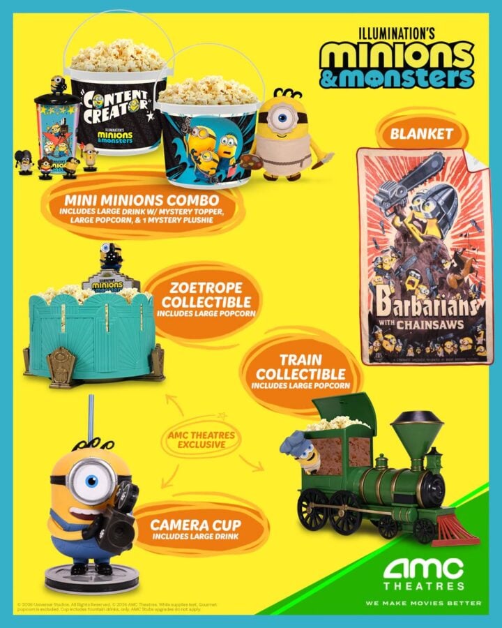 71243076120895287552488044813357337217438499n Fantasy Land News AMC Theatres poster for Illuminations Minions Monsters promo with popcorn buckets a Minions blanket Barbarians with Chainsaws poster train and zoetrope collectibles a camera cup and a green locomotive