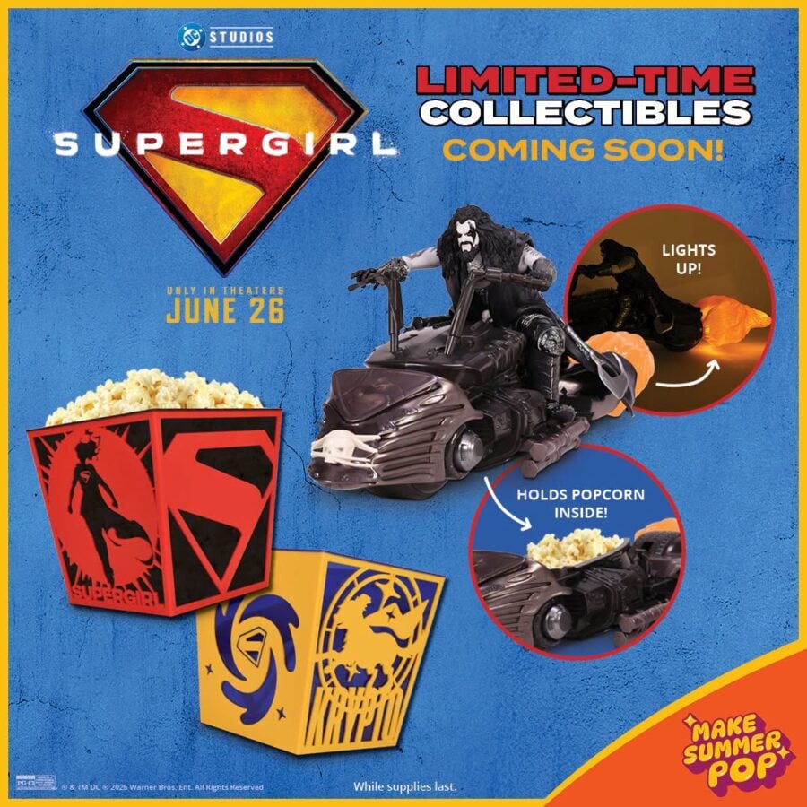 71336366746436622692012588449424741480725553n Fantasy Land News Promotional poster advertising Supergirl collectibles shows a superhero on a motorbike popcorn boxes and decorative cards on a blue background with bold text like LIMITED TIME COLLECTIBLES COMING SOON and a summer themed corner