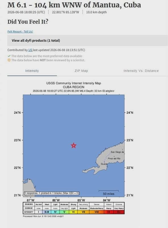 7135631538304633332163368260856296003474986n Fantasy Land News USGS map of Cuba region showing earthquake epicenter marked by a red star offshore with intensity color scale and a 50 mile scale bar at the bottom