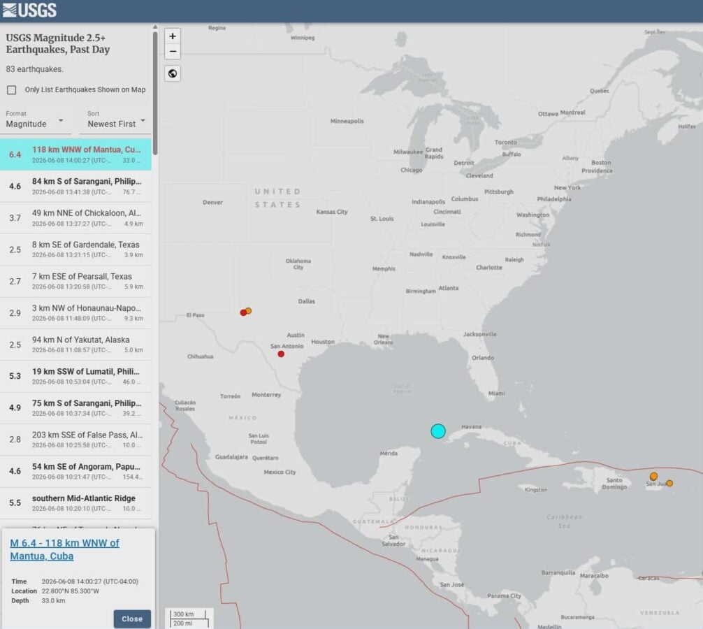 714503116925656583831230549621476311673465n Fantasy Land News USGS map of recent earthquakes M25+ markers around the Caribbean and southern US with a highlighted 64magnitude event west northwest of Mantua Cuba