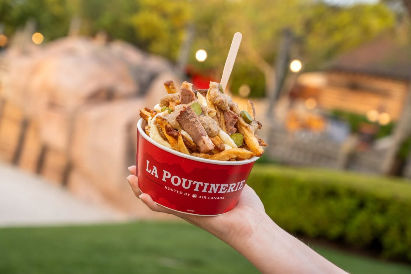 71950656815118830804702288540933753090517955n Fantasy Land News A hand holding a red La Poutinerie cup piled high with fries cheese curds and gravy outdoors against a blurred park background
