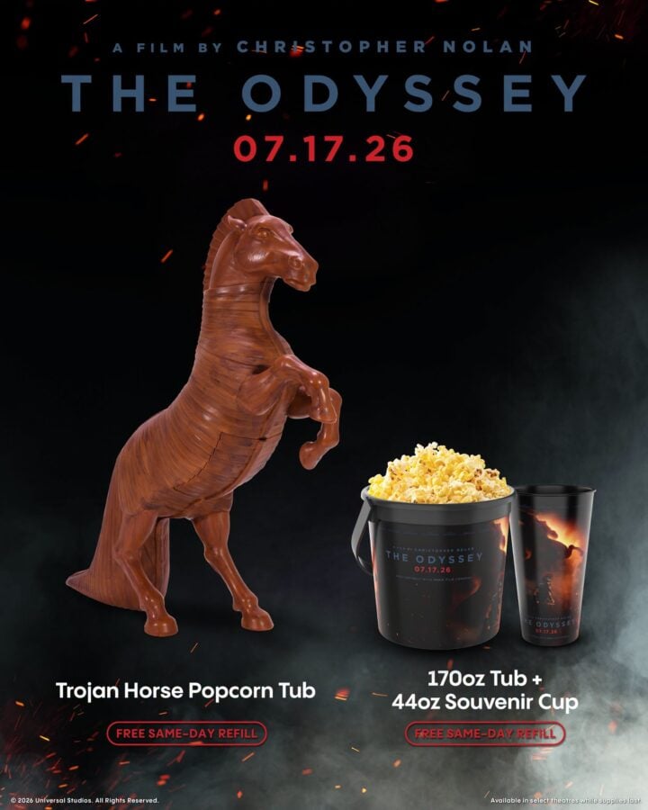 Poster for The Odyssey film featuring a Trojan horse and popcorn tubs highlights 071726 release date and free same day refill offers