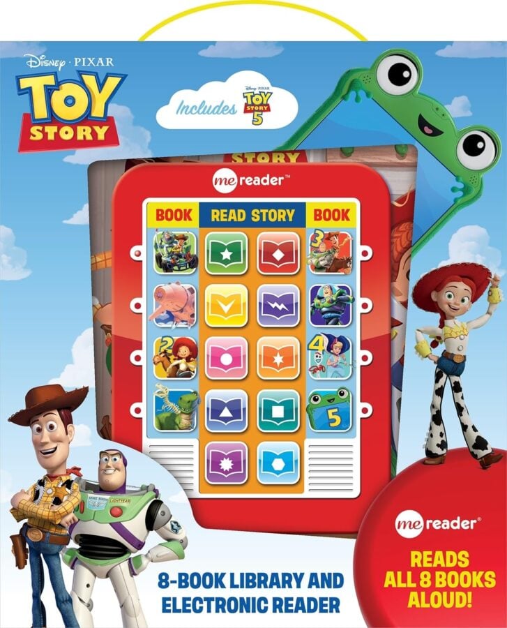 Version 100 Fantasy Land News Toy Story 5 product packaging red electronic reader with colorful app icons Woody Buzz and Jessie characters and the blue sky background