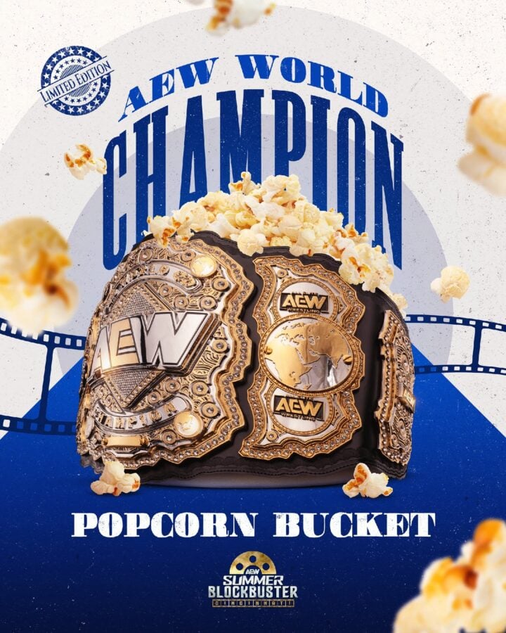 Poster promoting AEW Summer Blockbuster with a gold championship belt and popcorn on a blue film strip background