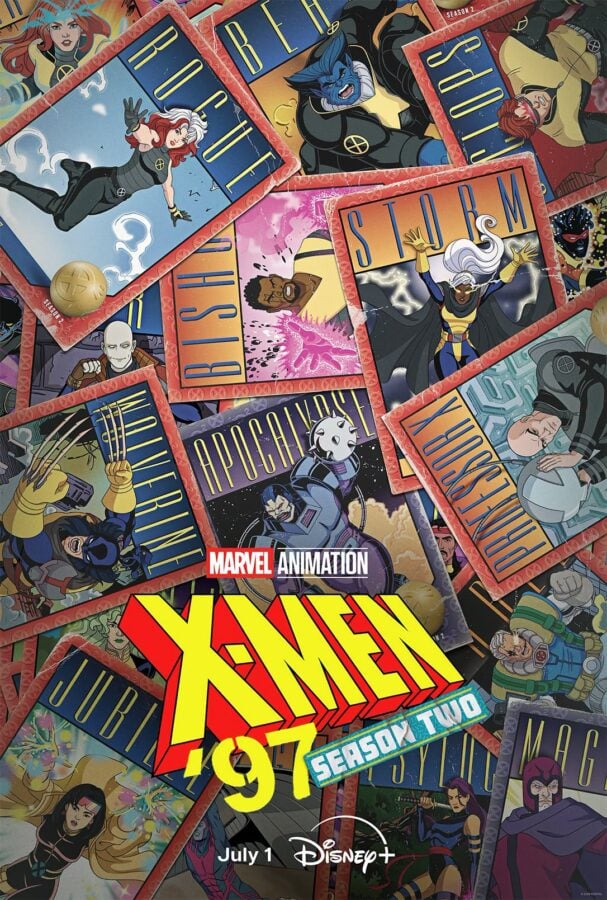 Poster collage of X Men 97 Season 2 cover art for Marvel Animation on Disney+ featuring multiple superhero cards and characters in action