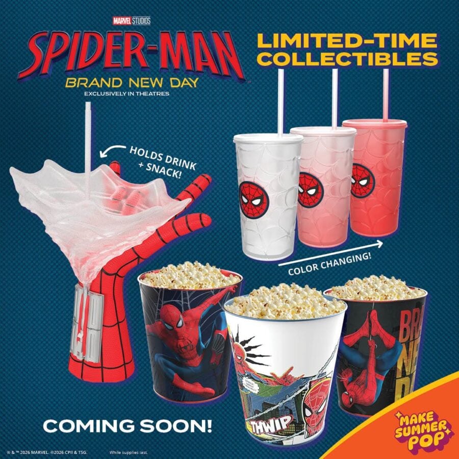 7254362567861814878216076281251932479594895n Fantasy Land News Spider Man limited time collectibles poster showing color changing cups with Spider Man logo a glove shaped snack holder and popcorn tubs Coming Soon text