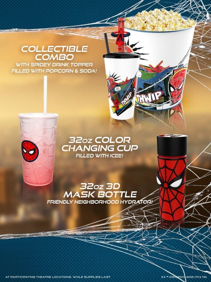 7263153721047217624636726854089870643291654n Fantasy Land News Spider Man themed snack set large popcorn tub with spiderweb design and drink toppers plus a colorchanging 32oz cup and a 32oz 3D SpiderMan mask bottle