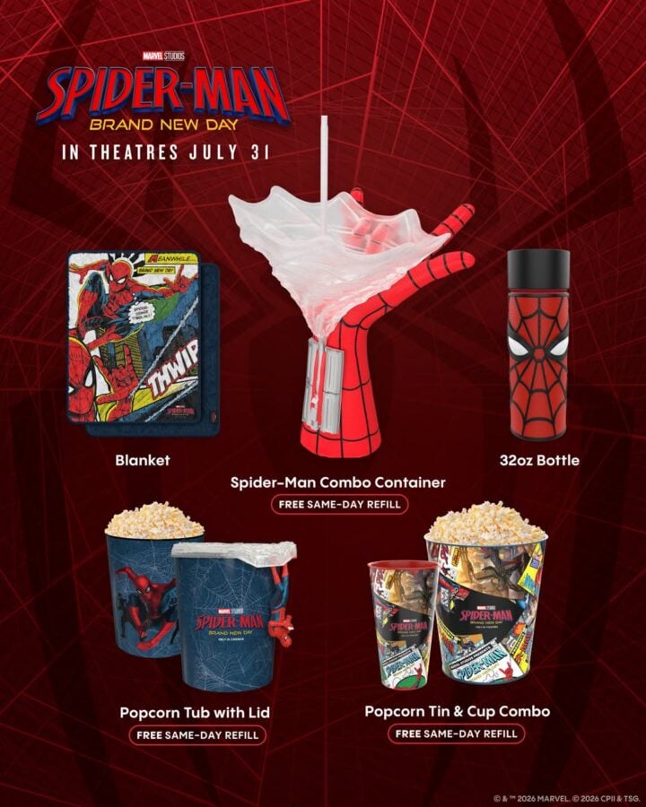 72644786021138377494784844697505668478255534n Fantasy Land News Spider Man Brand New Day poster featuring themed blanket combo container 32oz bottle popcorn tubs and cups with free same day refill offer