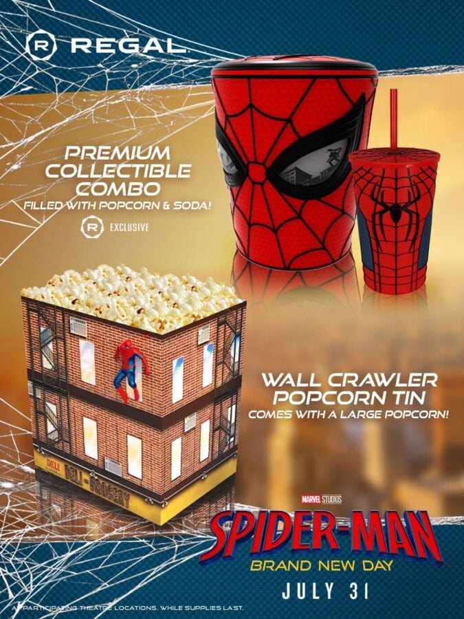 72669002813654481123641711505084786801121398n Fantasy Land News Spider Man poster featuring a red popcorn tin and cup beside a popcorn filled brick building promoting an exclusive snack combo