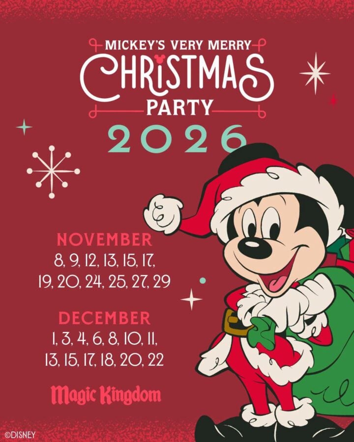 72821297813113425944927393216507323412903717n Fantasy Land News Mickey Mouse dressed as Santa on a red poster promoting Mickeys Very Merry Christmas Party 2026 and its NovemberDecember dates at Magic Kingdom