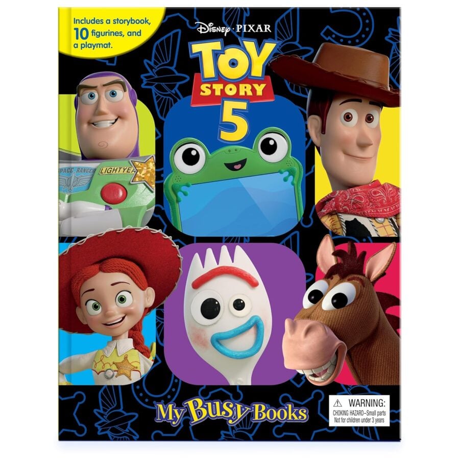 811JStejOJLSL1500 Fantasy Land News Collage style Toy Story 5 book cover with Buzz Lightyear Woody Jessie Bullseye and green alien characters bold titleToy Story 5 and My Busy Books at the bottom