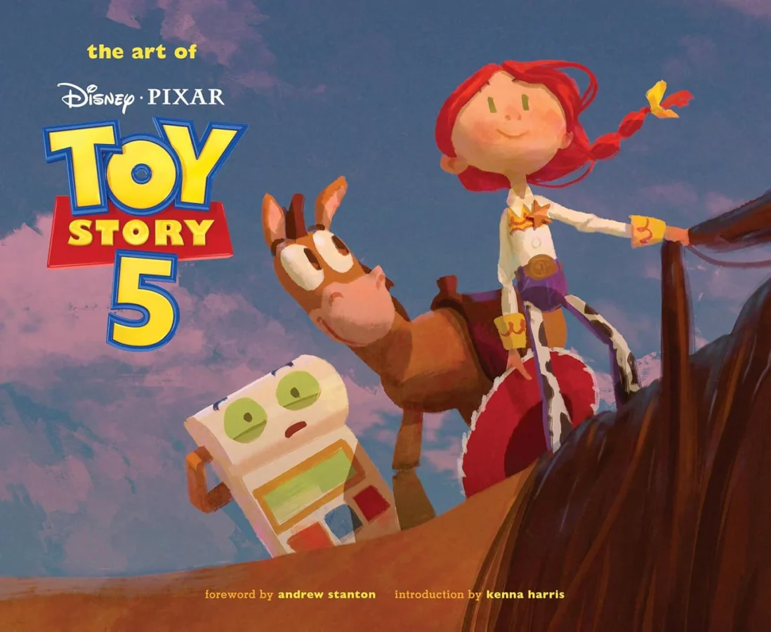 81HgOaZ7HbLSL15001296x Fantasy Land News Cover art for The Art of Toy Story 5 showing Jessie on Bullseye with a friendly robot in a colorful desert scene