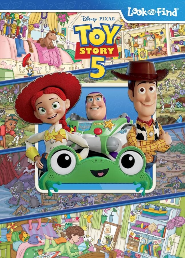 91VwNJ9yeJLSL1500 Fantasy Land News Toy Story 5 Look and Find cover showing Jessie and Woody with a green frog vehicle amid colorful busy panels in the background