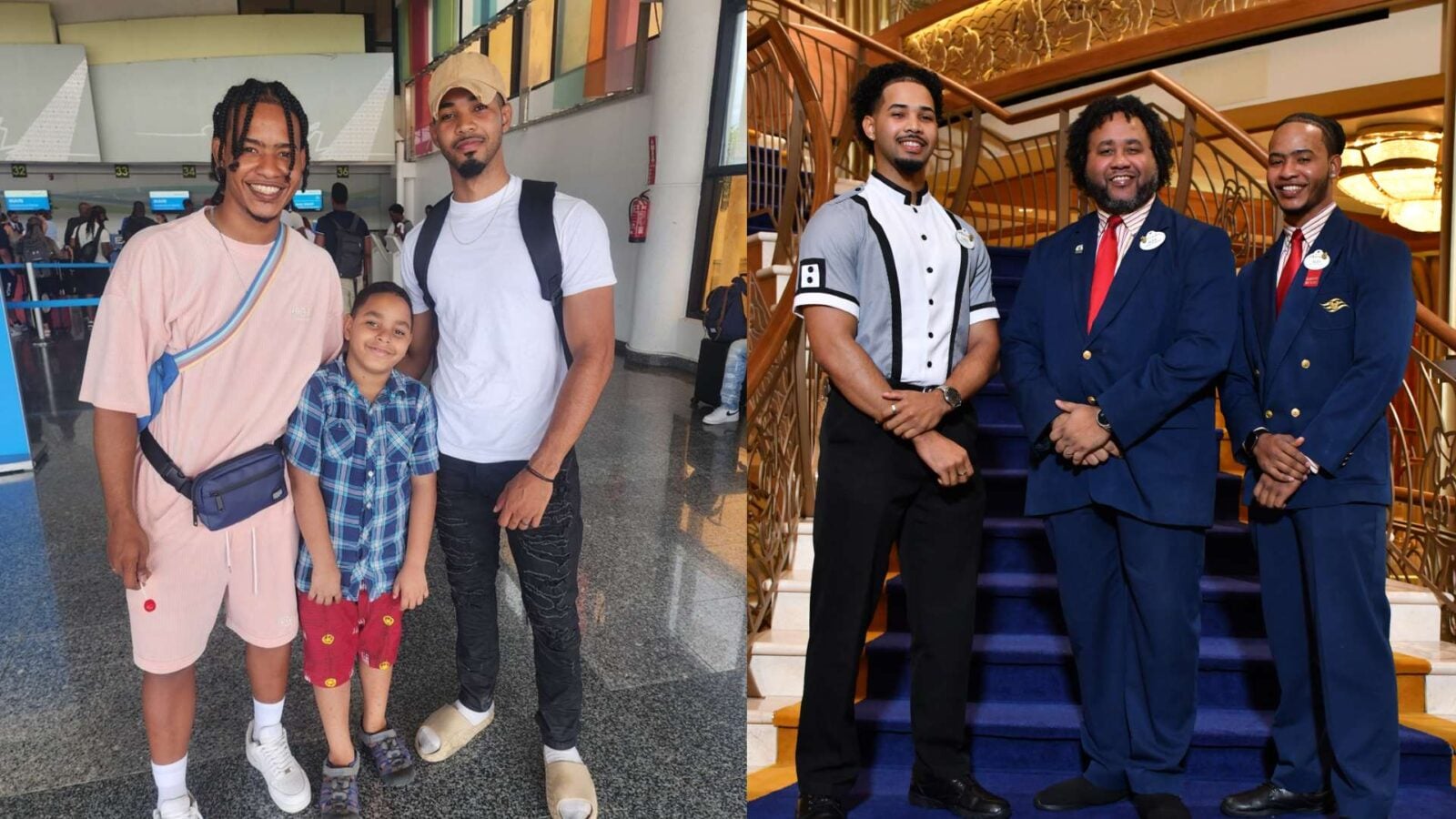 Group photo at an airport a tall man in a pink outfit with a crossbody bag and two younger companions smile for the camera in a bright terminal