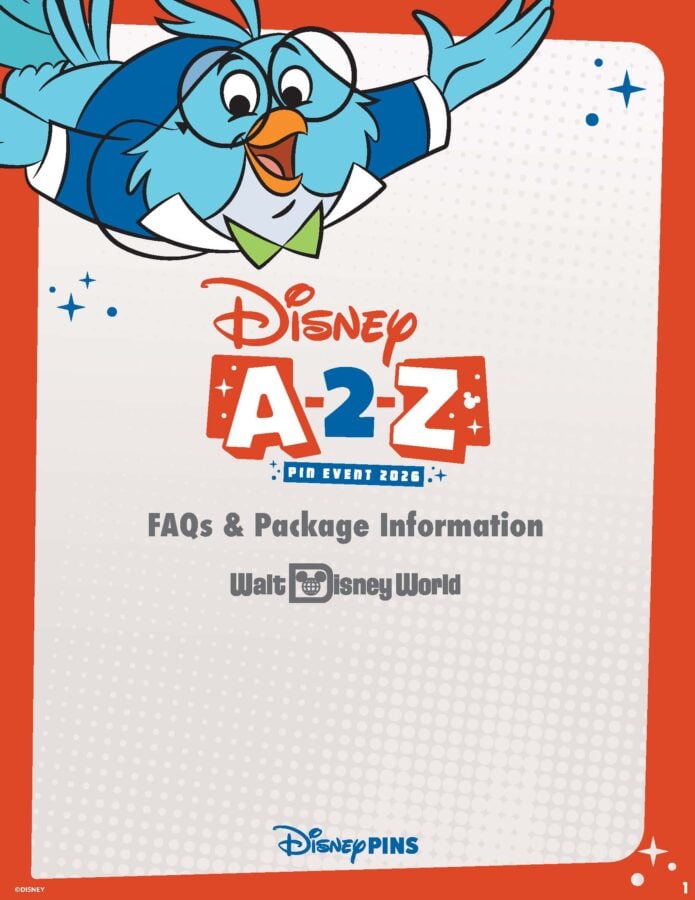 Cover image for Disney Pins A Z Pin Event 2026 with a blue cartoon parrot character and FAQs  Package Information text Walt Disney World branding visible