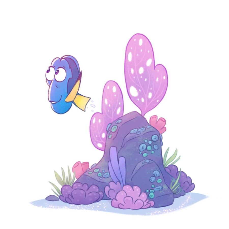 Blue tropical fish with a yellow tail swims near a purple coral rock in an underwater scene
