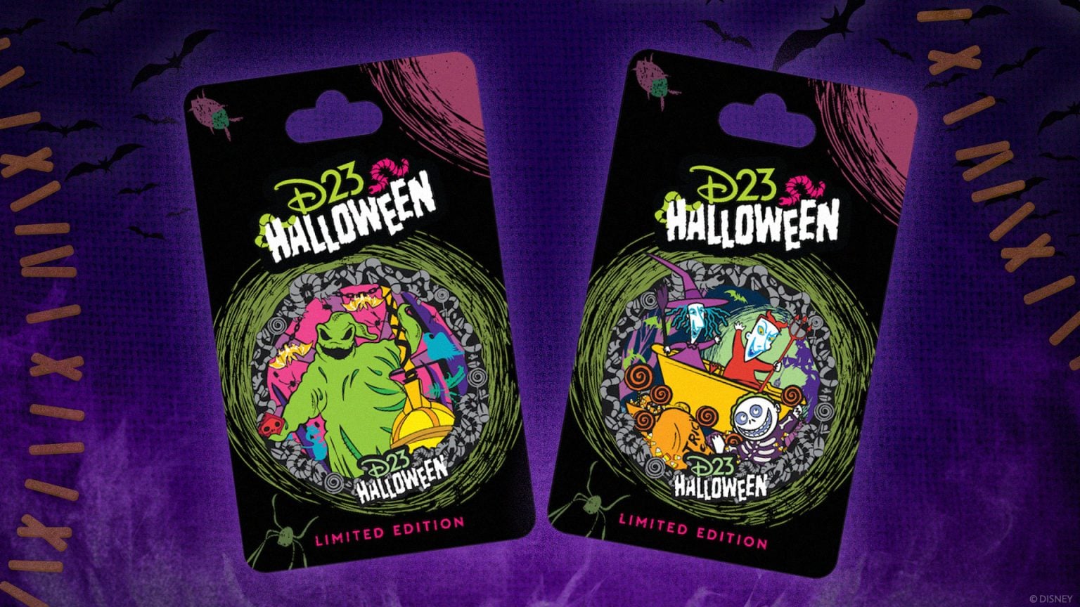 CR5944D23OogieBoogieBash26PinV011536x864 Fantasy Land News Two D23 Halloween Limited Edition cards lean against a purple Halloween themed background each black card featuring a colorful circular illustration and the words Limited Edition at the bottom