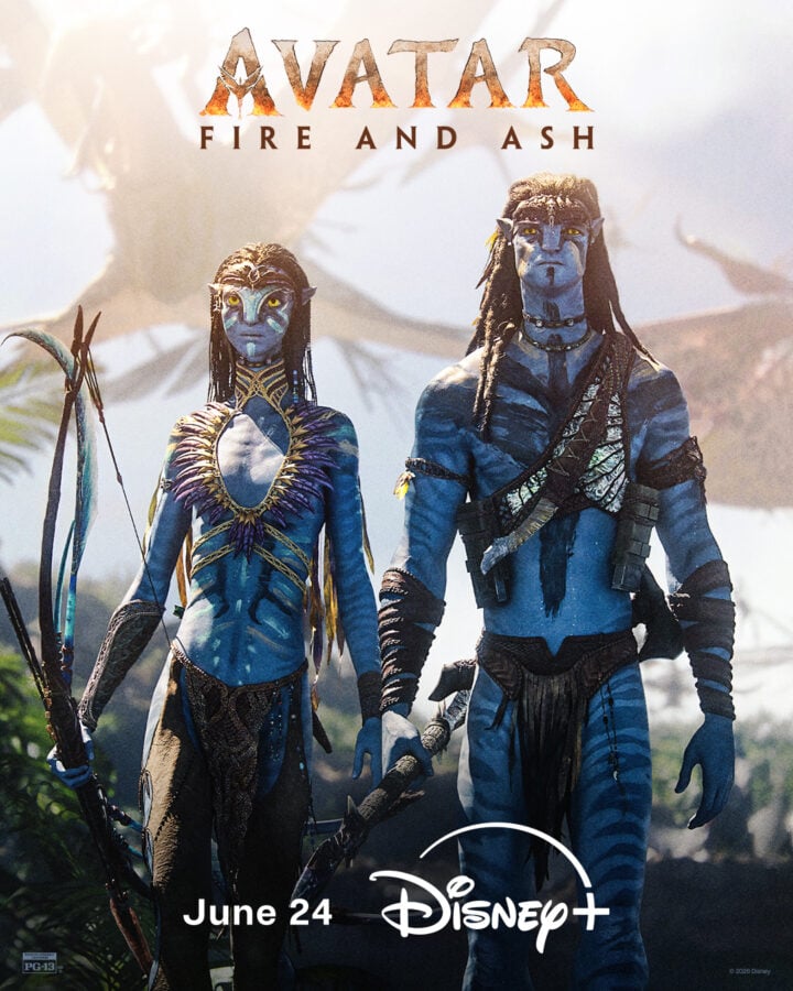 Poster for Avatar Fire and Ash featuring two blue Navi standing in a jungle armed and in tribal attire with the Disney+ and June 24 marks visible