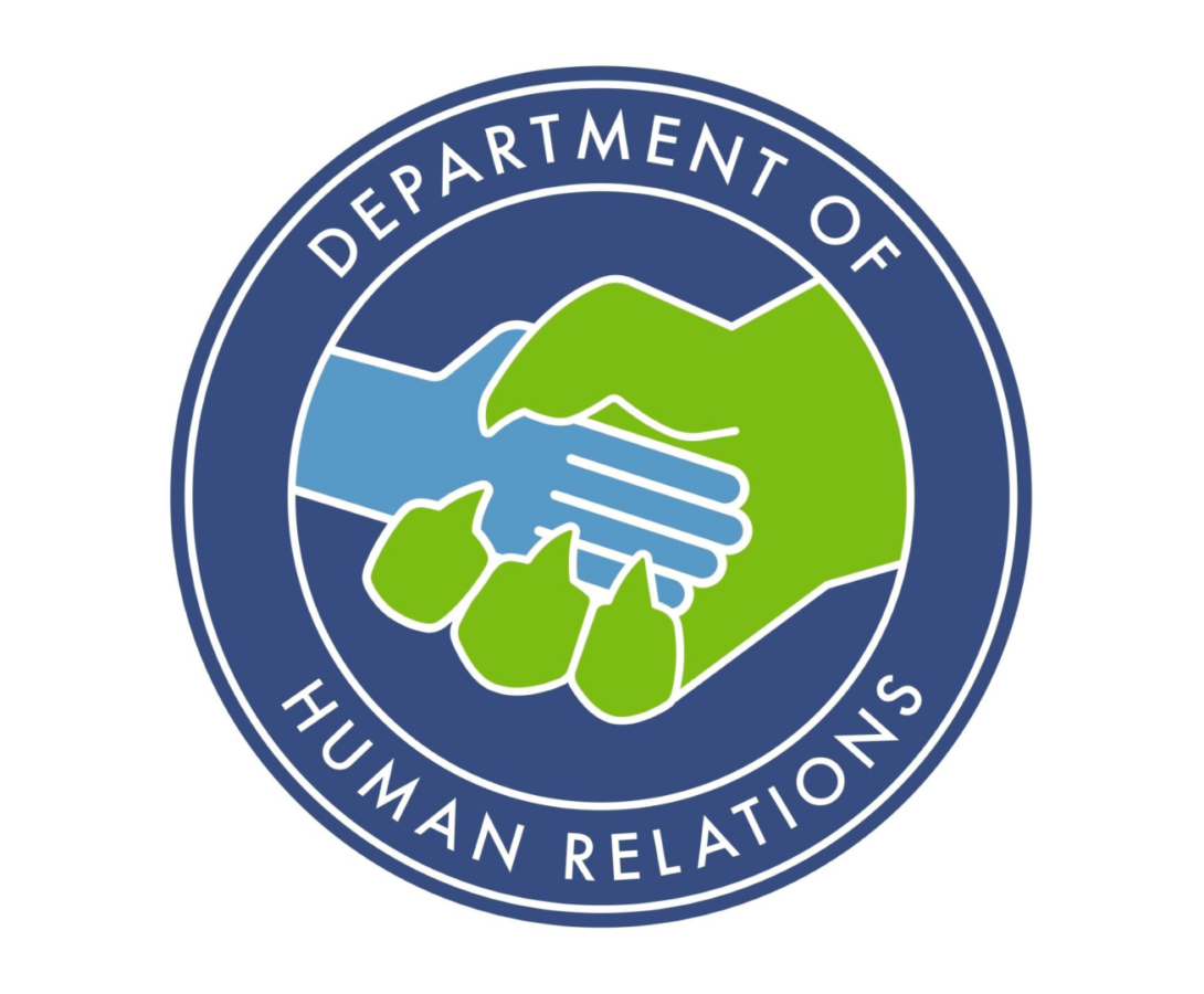 Seal of the Department of Human Relations featuring a blue and green handshake graphic inside a circular blue border with the department name around the edge