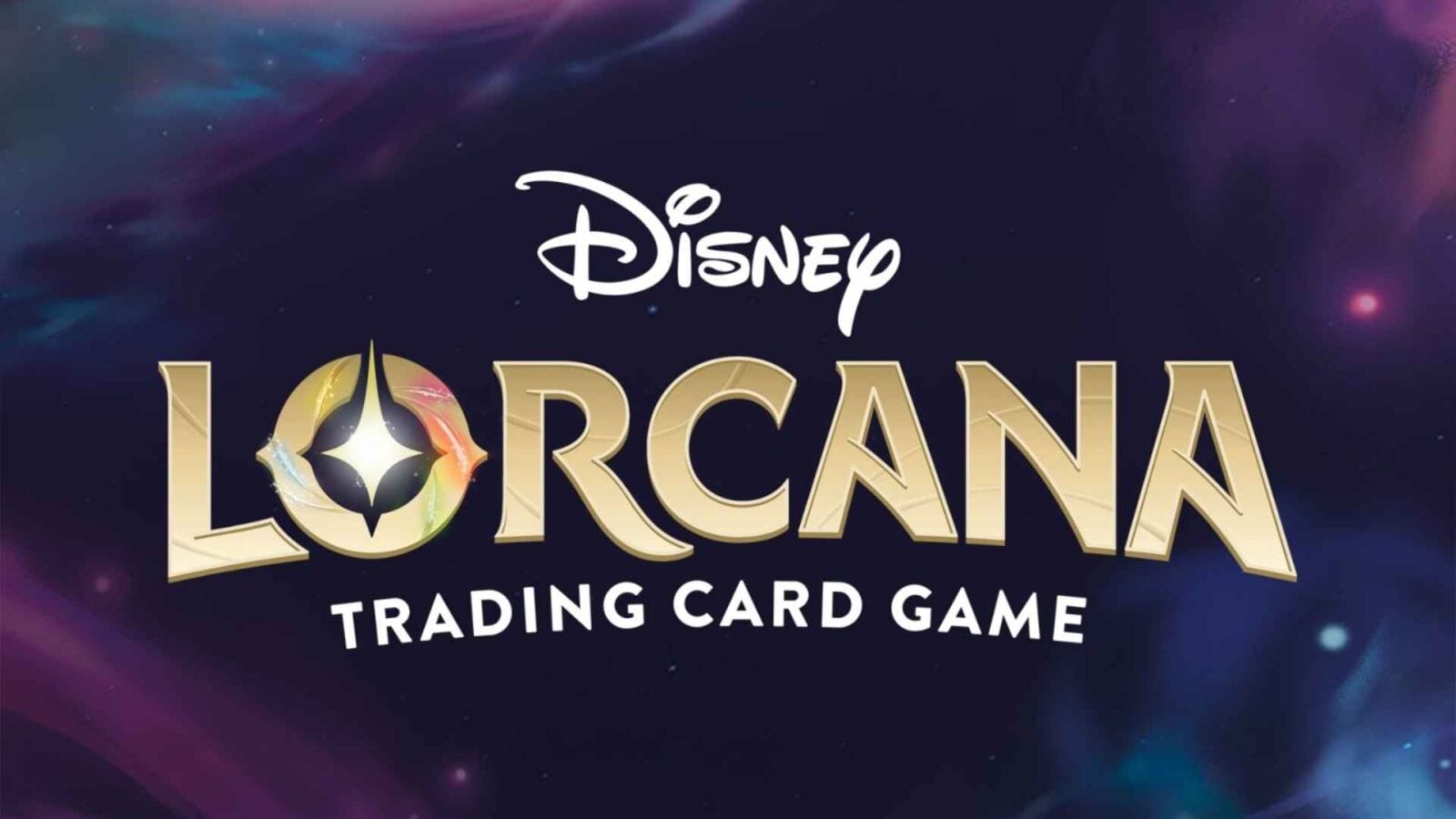 Disney Lorcana trading card game cover with a dark cosmic background and gold letter title LORCANA