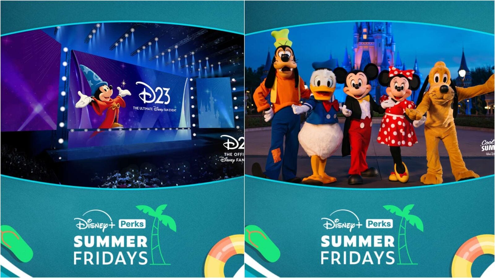 Disney+ Perks June 2026 Includes ComicCon Sweepstakes and D23 Prize Package 1 Fantasy Land News Split collage left shows a D23 stage with a Mickey banner right shows Mickey Minnie Donald Goofy Pluto posing by a castle under a Summer Fridays banner