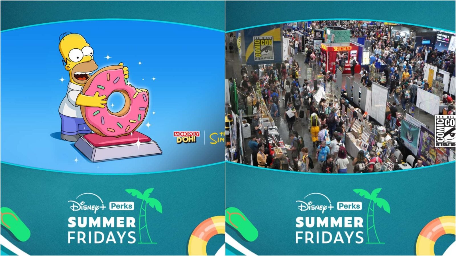 Disney+ Perks June 2026 Includes ComicCon Sweepstakes and D23 Prize Package 2 Fantasy Land News Side by side banner left shows Homer Simpson holding a donut on a blue curved background right shows a crowded convention hall with booths and attendees promoting Disney+ Perks Summer Fridays