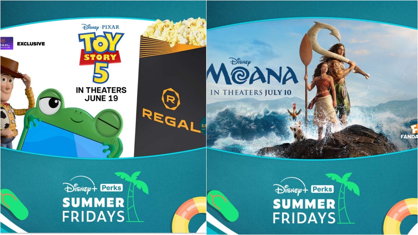 Disney+ Perks June 2026 Includes ComicCon Sweepstakes and D23 Prize Package 3 Fantasy Land News Split image with Toy Story 5 poster on left In Theaters June 19 and Moana poster on right In Theaters July 10 plus Disney+ Perks Summer Fridays branding at bottom