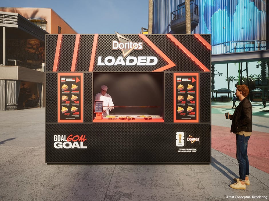 Doritos Loaded food stand with a chef behind the counter a customer approaching to order in an outdoor plaza