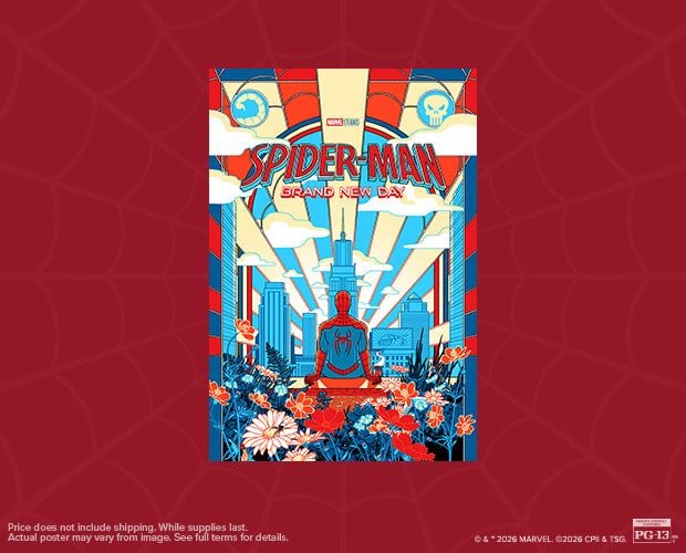 FANShopifySpidermanBNDPosterBundleCard620x500169349f63a0147f3b1a6a4c67a378527 Fantasy Land News Spider Man Brand New Day poster viewed from behind in a bold redblue cityscape with foreground flowers
