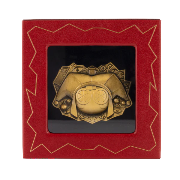 GoldPomni8 Fantasy Land News Red ornate display frame with a gold steampunk robot head visible behind a glass window