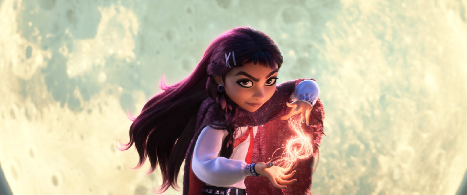 Animated girl with long purple hair casting glowing magic from her hands against a pale abstract background