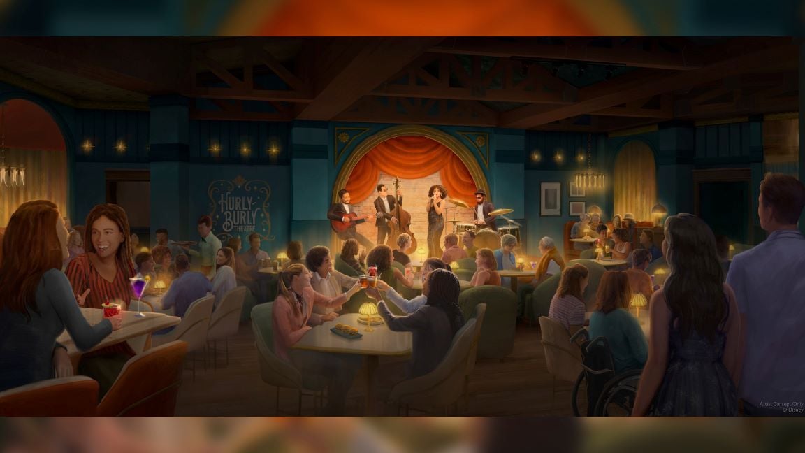 A lively dinner club with a live band on a small stage people chat and toast at round tables under warm amber lighting