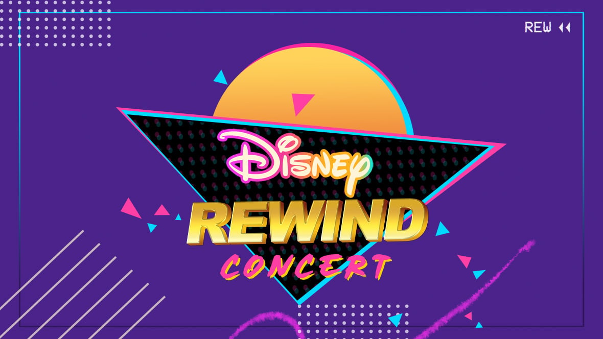 Poster for Disney Rewind Concert with neon pink gold 3D text and retro geometric shapes on a purple background