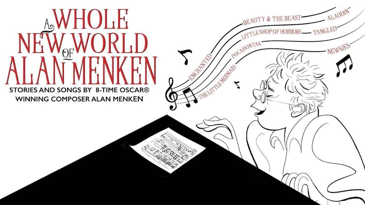 Poster for A Whole New World of Alan Menken with red title and a cartoon conductor guiding flowing musical notes from a black piano lid motif in the foreground