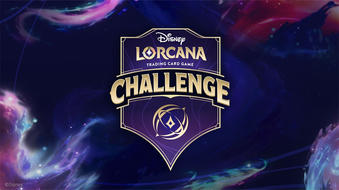 Logo for the Disney Lorcana Trading Card Game Challenge set against a cosmic purple background with gold lettering