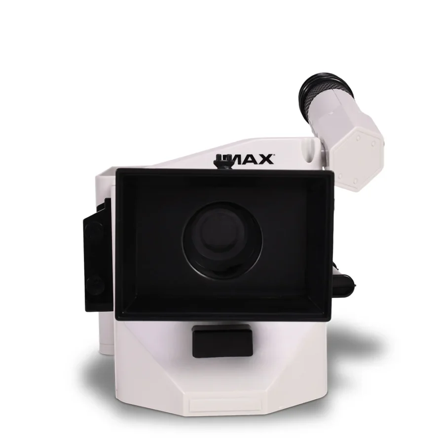 ImaxPB41781281578729 Fantasy Land News Front view of a white laboratory microscope with a black optical lens housing and stage labeled MAX used for magnifying small samples