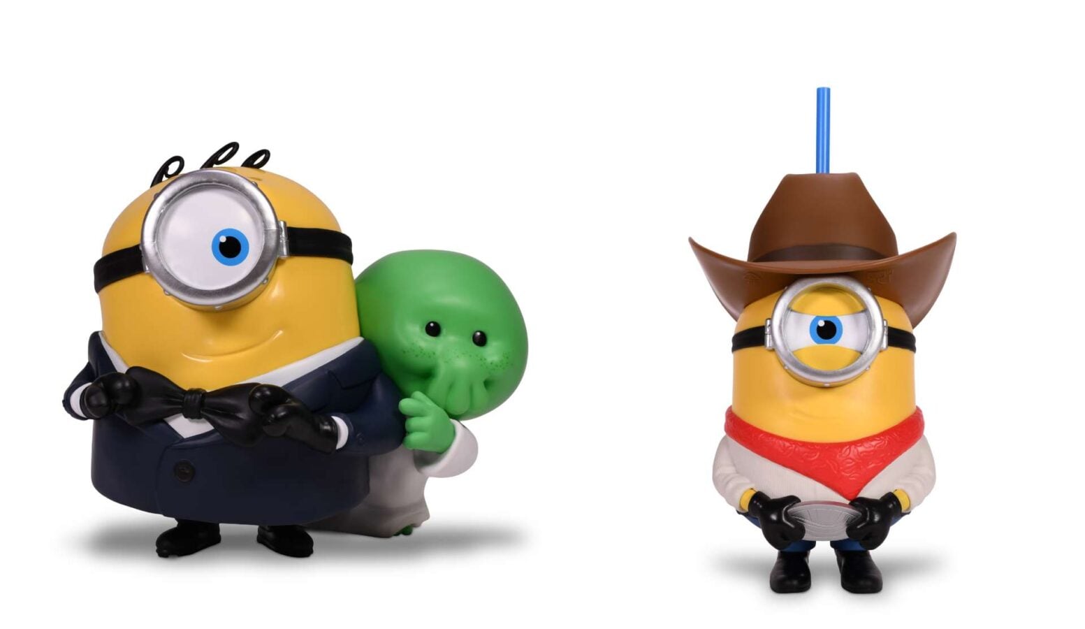 Two Minions in costumes left one in a tuxedo with a green alien friend right one wearing a cowboy hat and red scarf