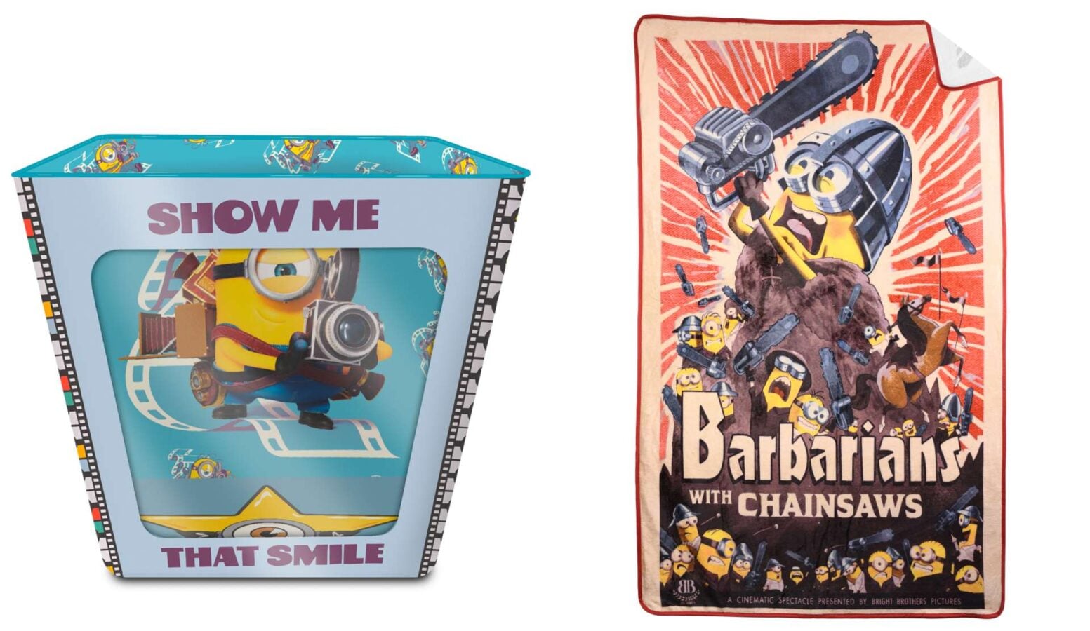 Two Minions themed items on the left a light blue display or tin labeled SHOW ME THAT SMILE with a Minion photographer inside on the right a vintage style red poster showing Minions with chainsaws in a dramatic scene