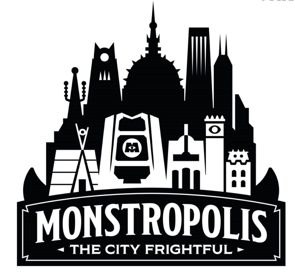 Monstropolis logo stylized city skyline with a central tower and curved banner reading MONSTROPOLIS  THE CITY FRIGHTFUL