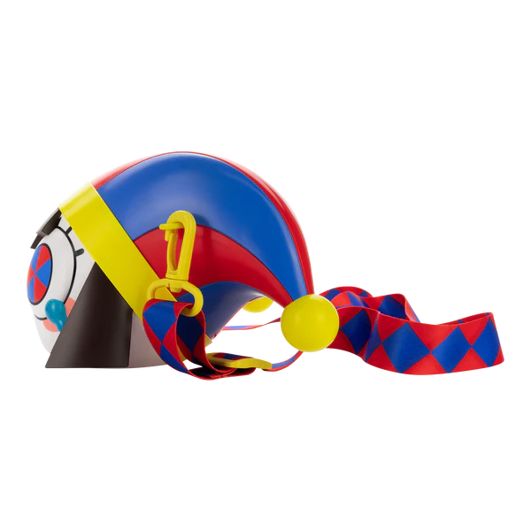 PopcornBucket2 Fantasy Land News Colorful party blowout toy with blue red and yellow sections and a diamond pattern ribbon